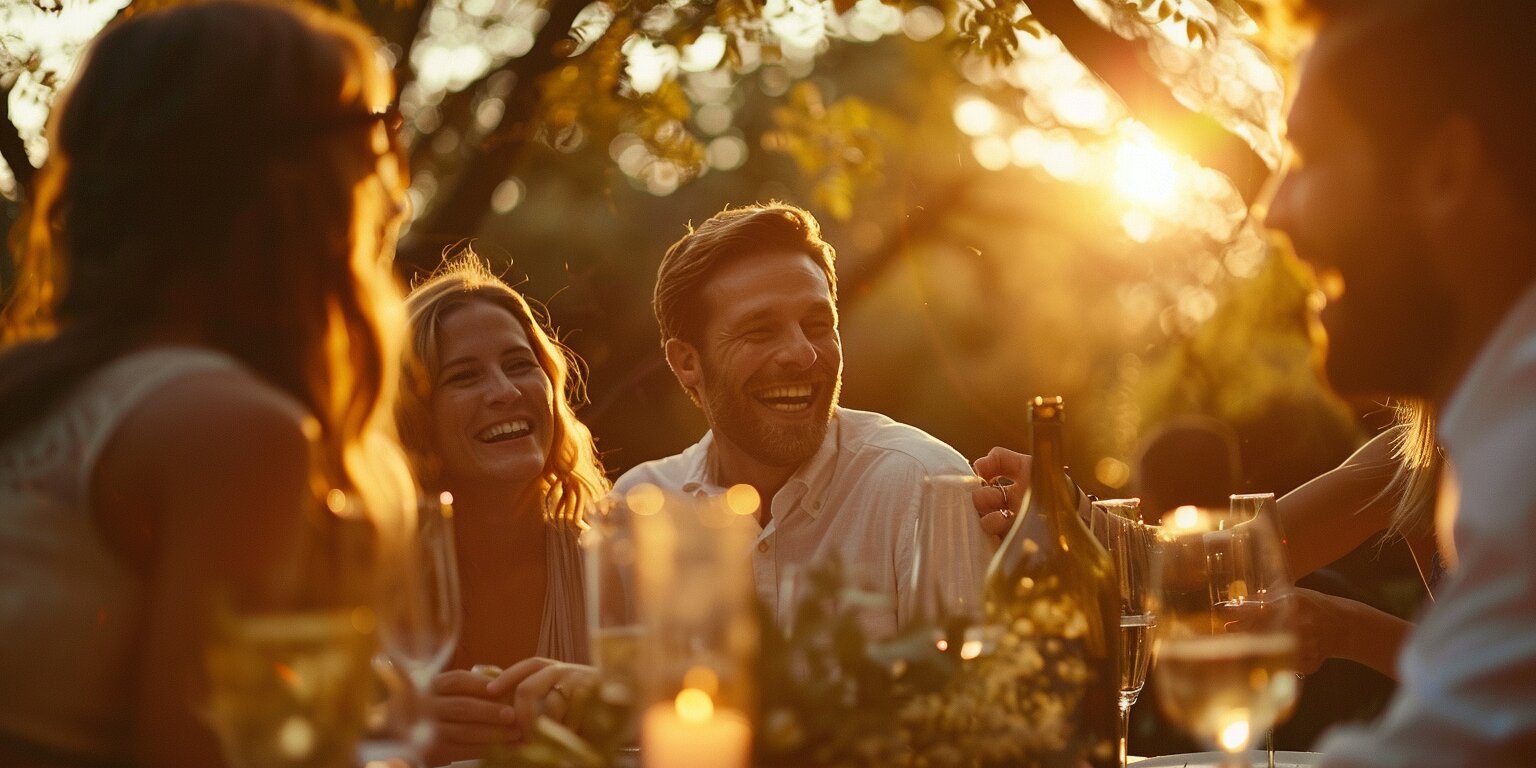 Home 1 A multi-generational family laughing around a candlelit garden table at golden hour